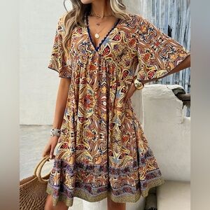 Boho EUC Floral V Neck Short Sleeve Smocked Elastic Waist A-Line Swing Dress